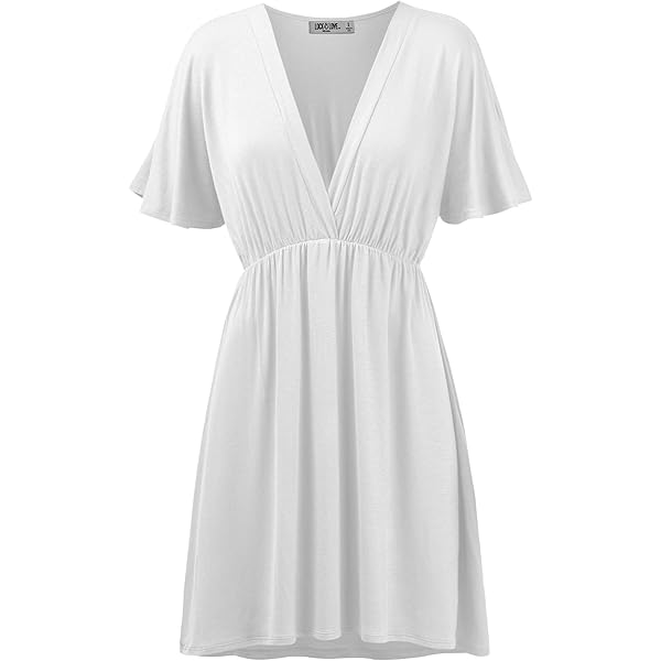 Women's V-Neck Short Sleeve White Dress Single Breasted